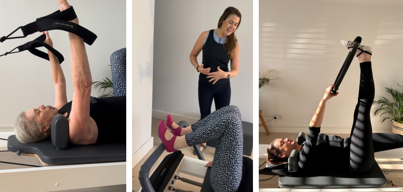 Pilates instructor coaching members in a bright reformer studio